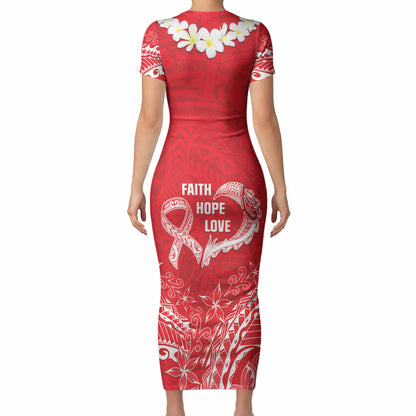 Heart Health Support Short Sleeve Bodycon Dress Polynesian Red Ribbon