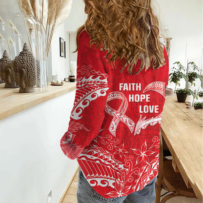 Heart Health Support Women Casual Shirt Polynesian Red Ribbon
