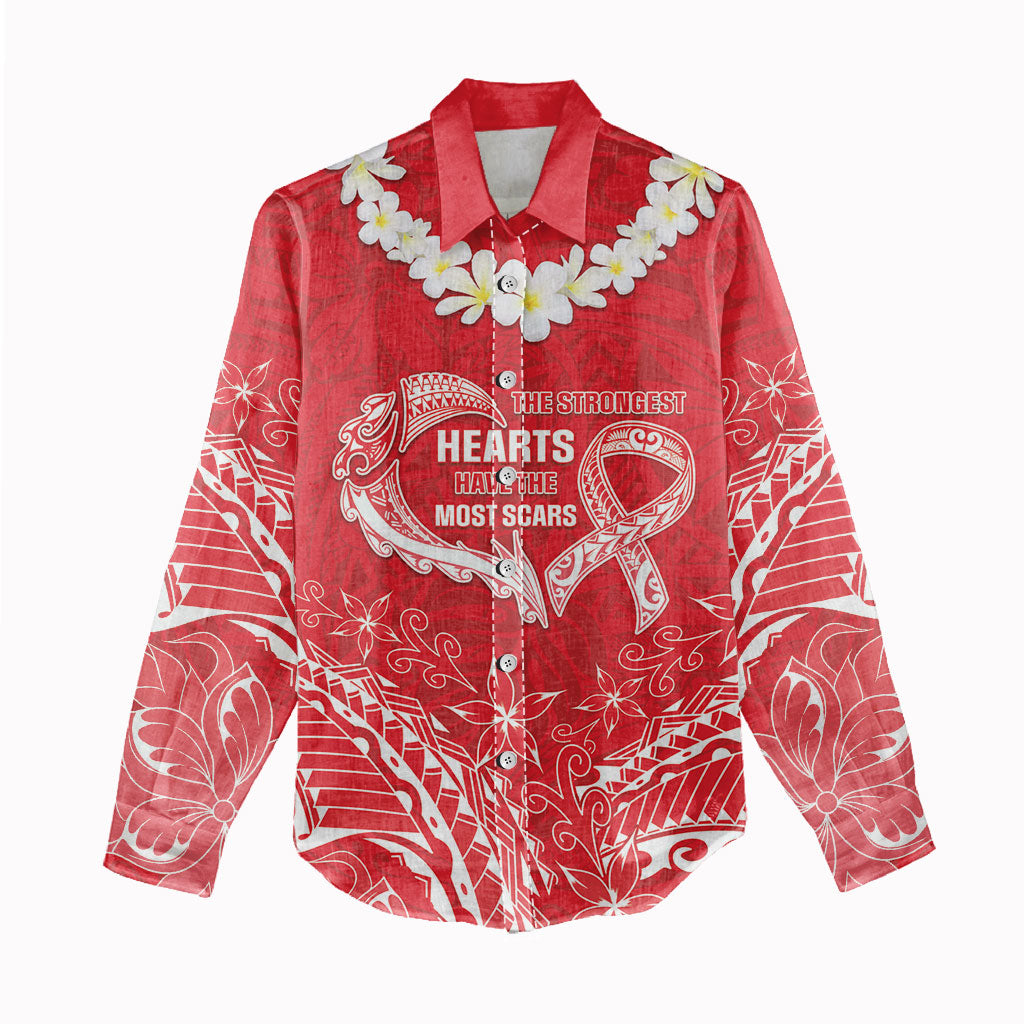 Heart Health Support Women Casual Shirt Polynesian Red Ribbon