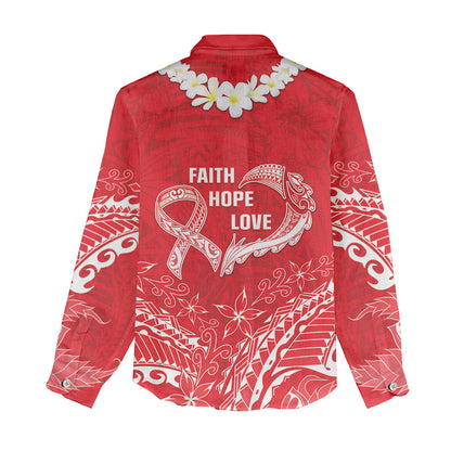 Heart Health Support Women Casual Shirt Polynesian Red Ribbon