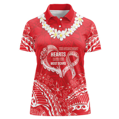 Heart Health Support Women Polo Shirt Polynesian Red Ribbon