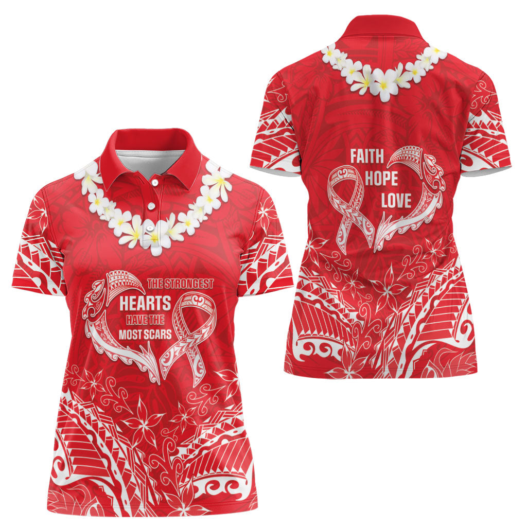 Heart Health Support Women Polo Shirt Polynesian Red Ribbon