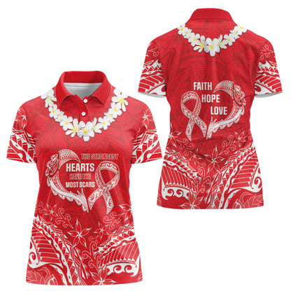 Heart Health Support Women Polo Shirt Polynesian Red Ribbon