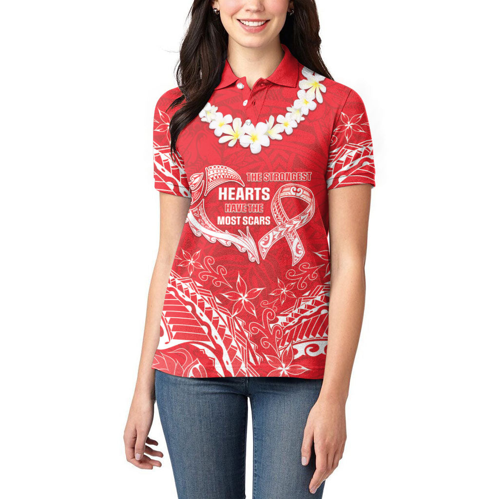 Heart Health Support Women Polo Shirt Polynesian Red Ribbon