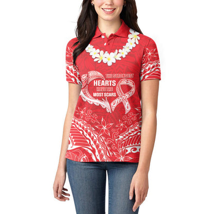 Heart Health Support Women Polo Shirt Polynesian Red Ribbon