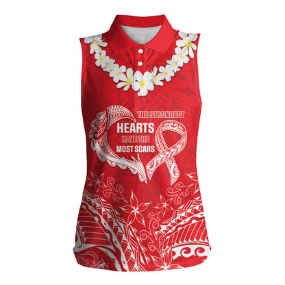 Heart Health Support Women Sleeveless Polo Shirt Polynesian Red Ribbon