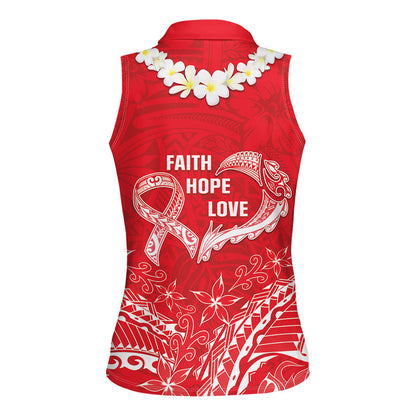 Heart Health Support Women Sleeveless Polo Shirt Polynesian Red Ribbon