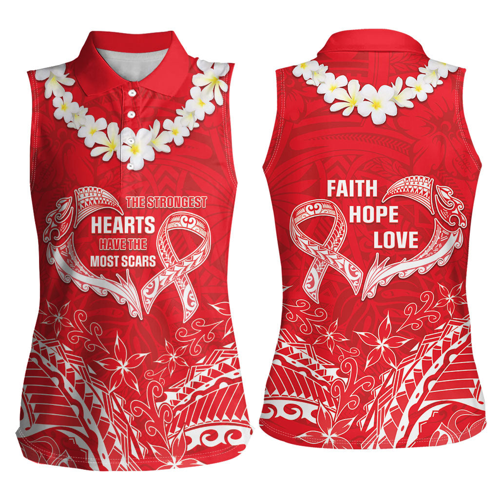 Heart Health Support Women Sleeveless Polo Shirt Polynesian Red Ribbon
