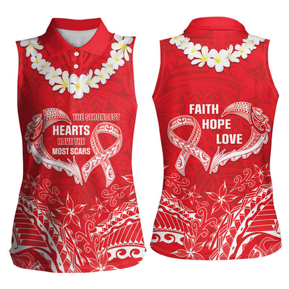 Heart Health Support Women Sleeveless Polo Shirt Polynesian Red Ribbon