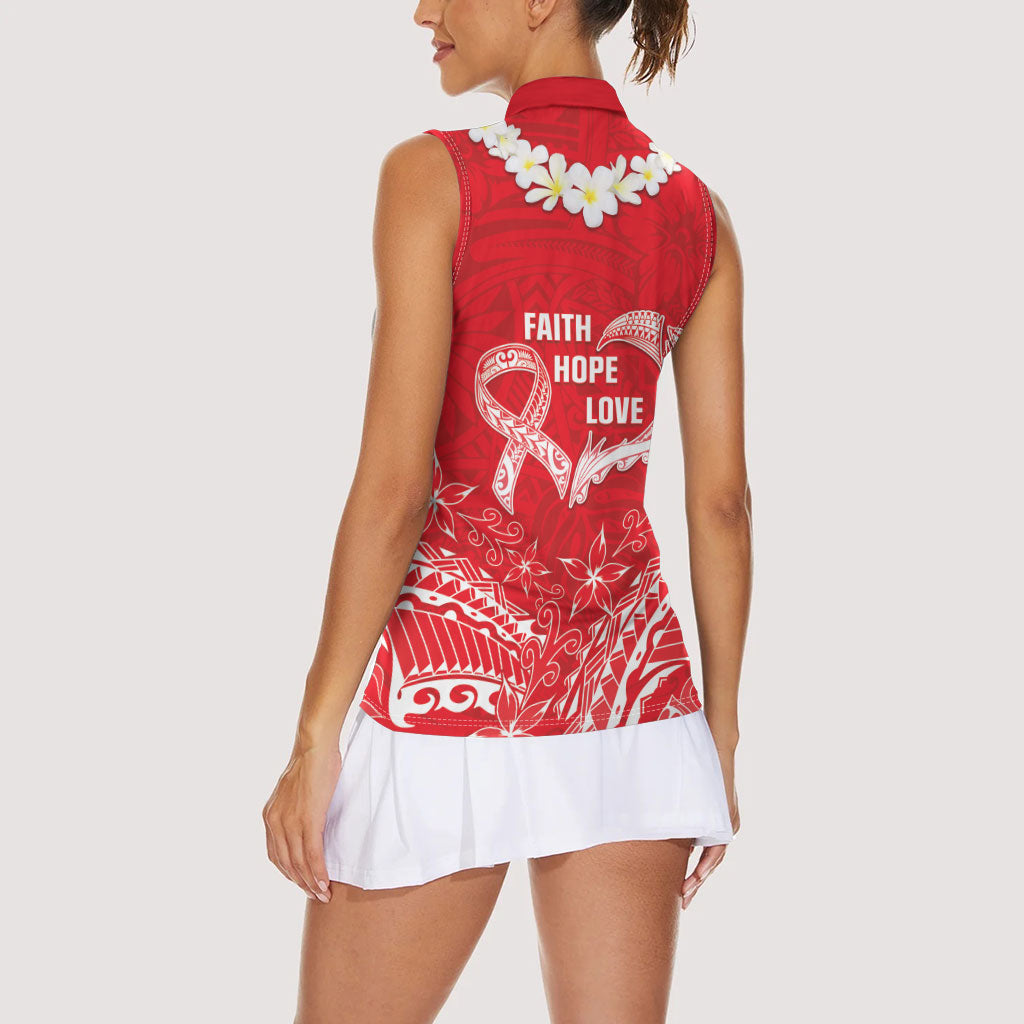 Heart Health Support Women Sleeveless Polo Shirt Polynesian Red Ribbon