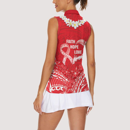 Heart Health Support Women Sleeveless Polo Shirt Polynesian Red Ribbon