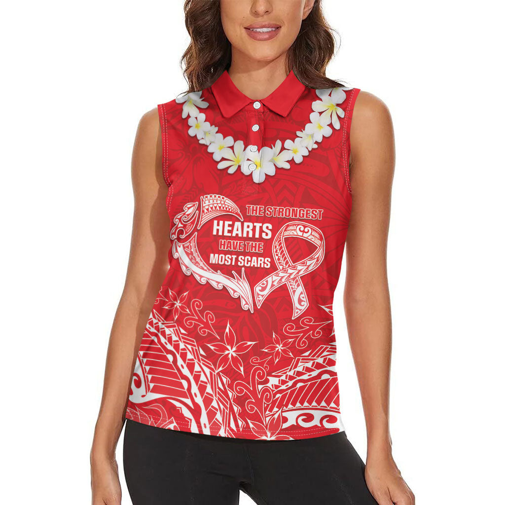 Heart Health Support Women Sleeveless Polo Shirt Polynesian Red Ribbon