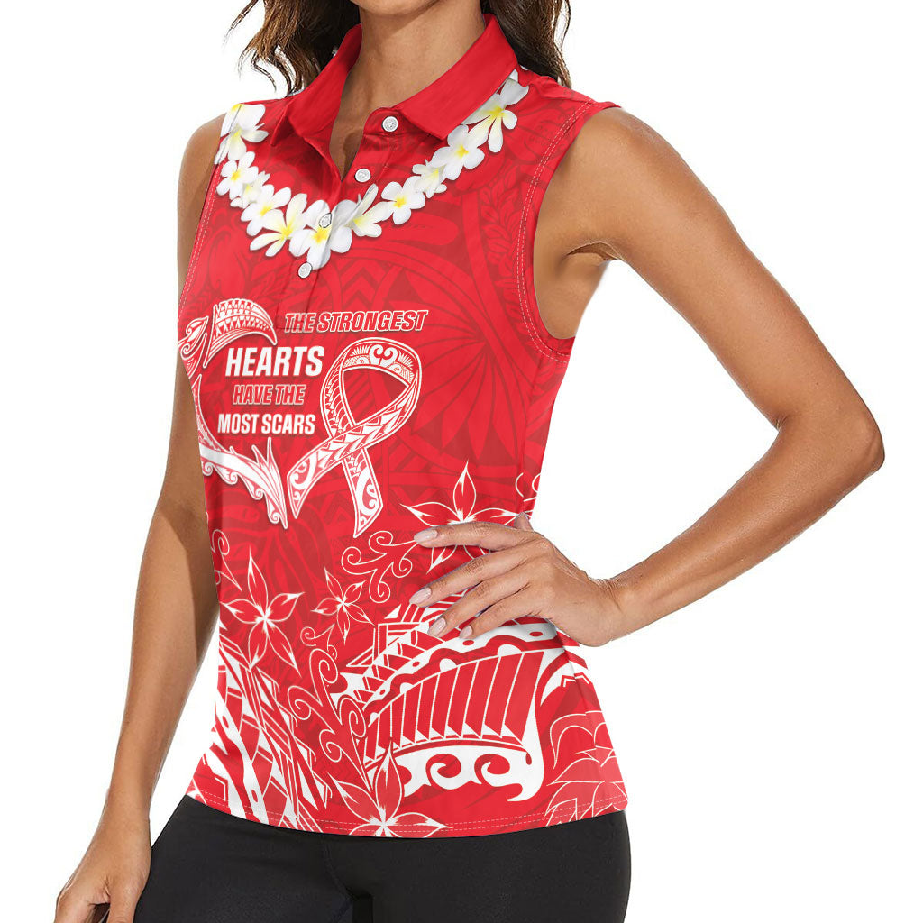 Heart Health Support Women Sleeveless Polo Shirt Polynesian Red Ribbon