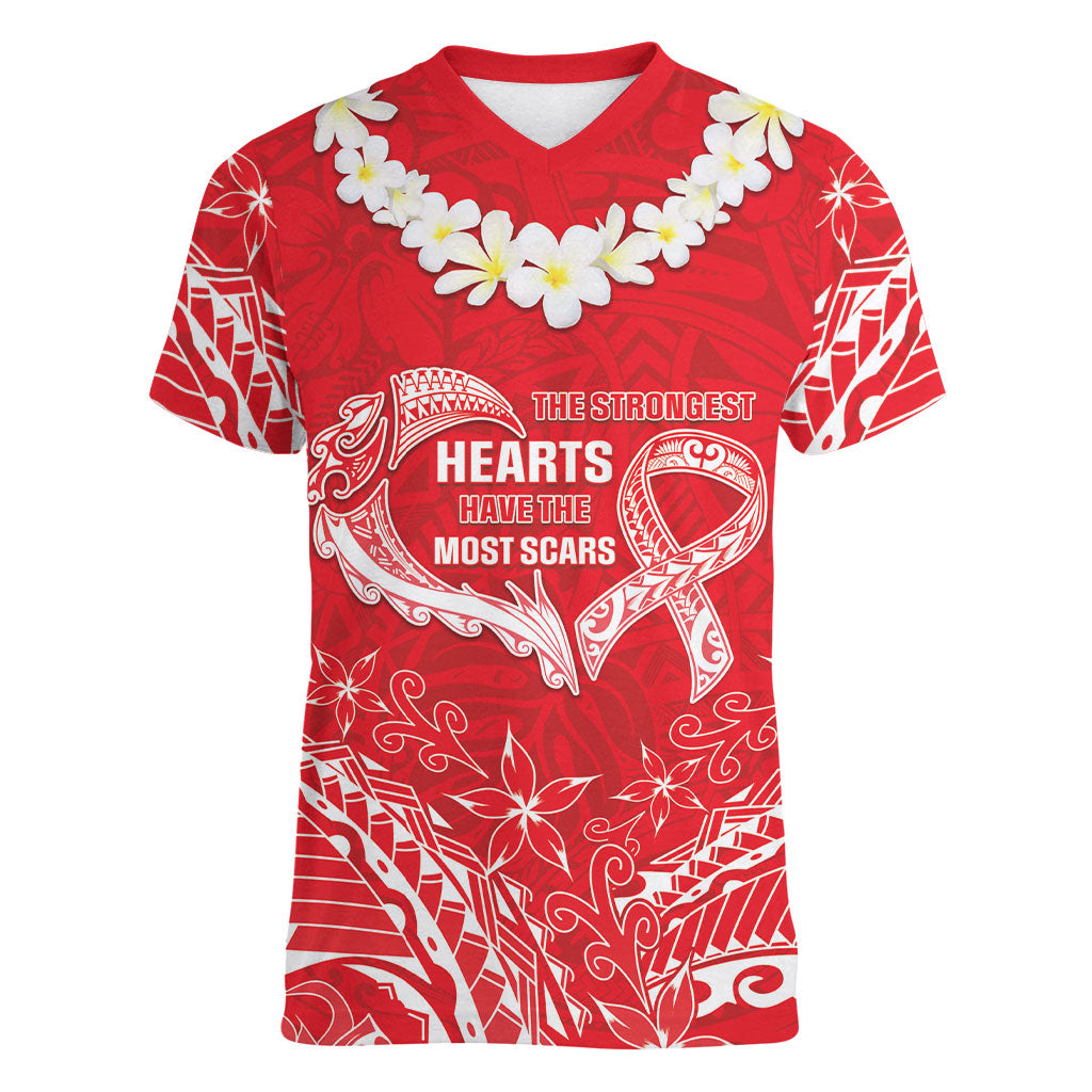 Heart Health Support Women V-Neck T-Shirt Polynesian Red Ribbon