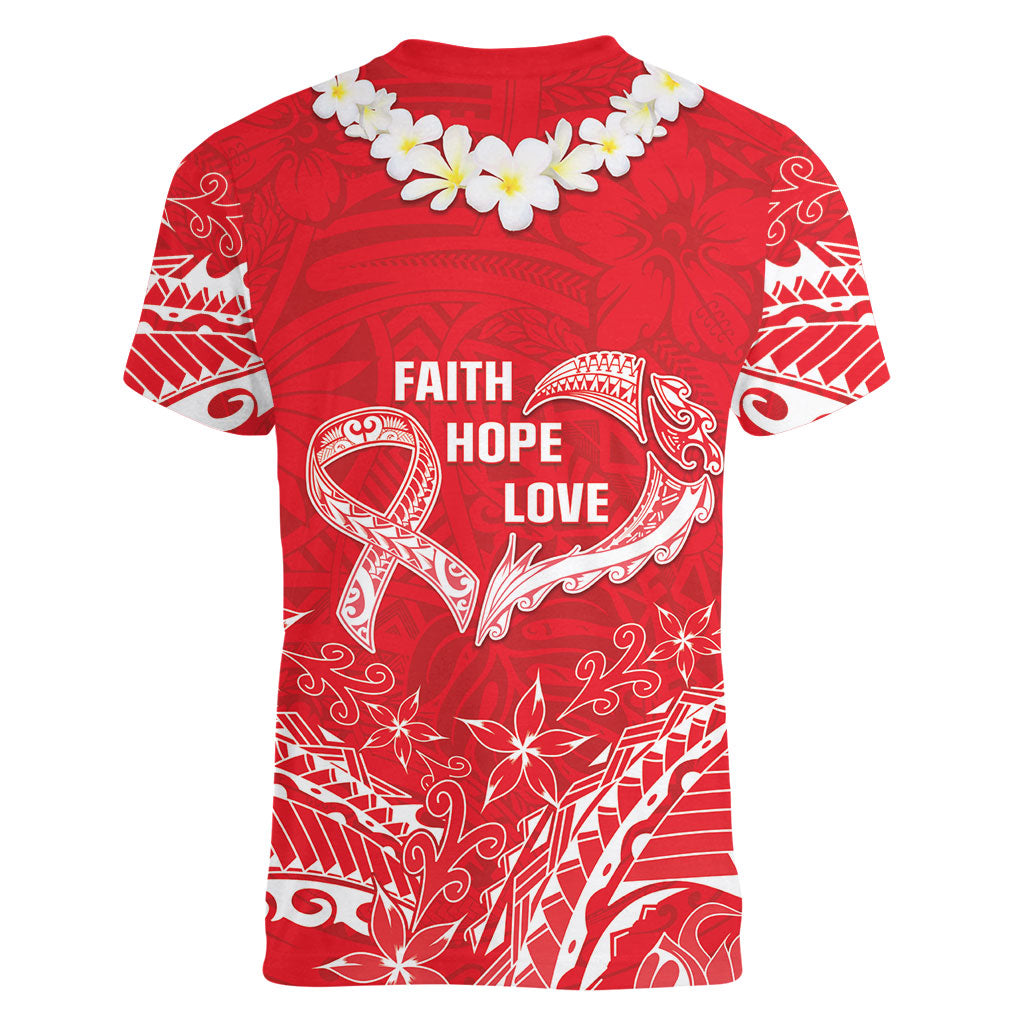 Heart Health Support Women V-Neck T-Shirt Polynesian Red Ribbon