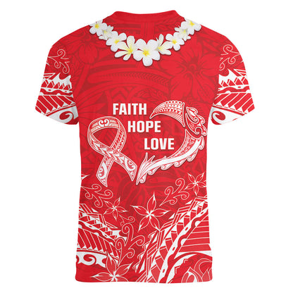Heart Health Support Women V-Neck T-Shirt Polynesian Red Ribbon