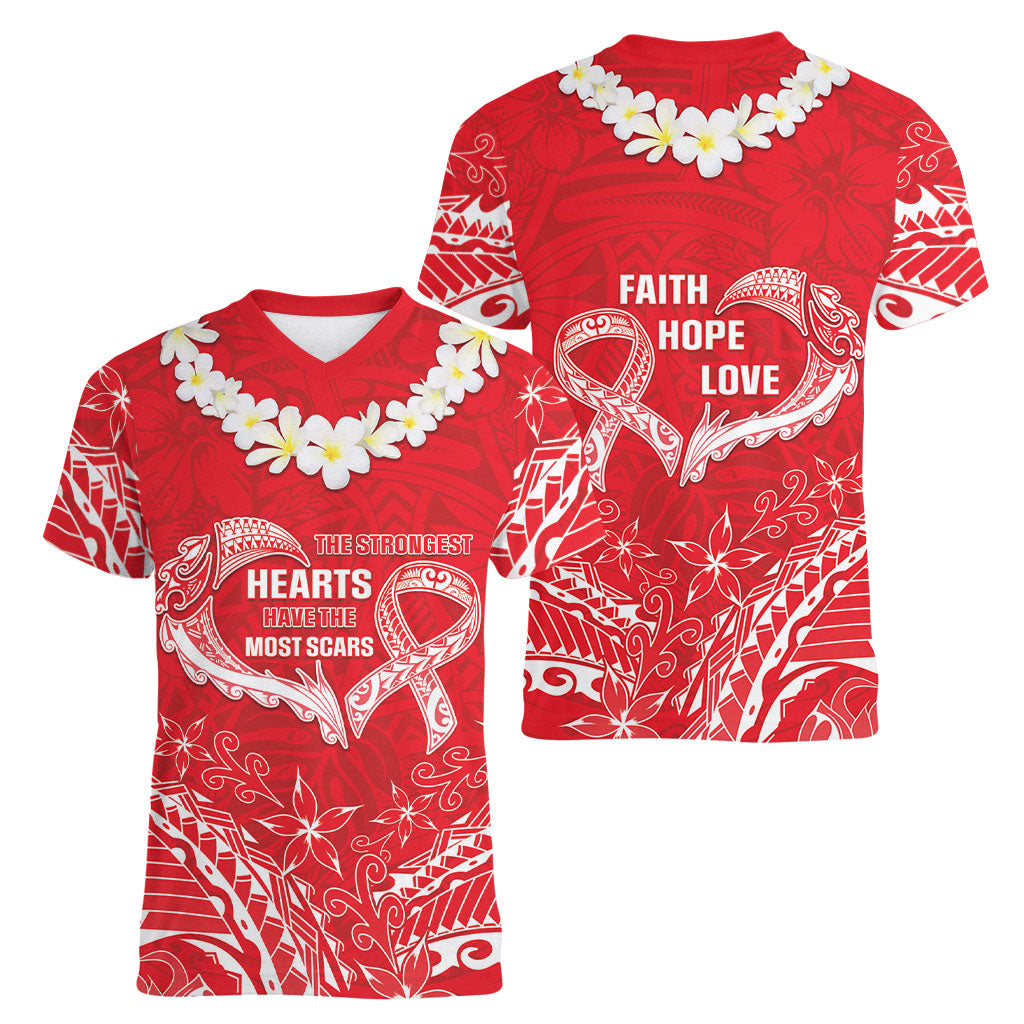 Heart Health Support Women V-Neck T-Shirt Polynesian Red Ribbon