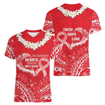 Heart Health Support Women V-Neck T-Shirt Polynesian Red Ribbon