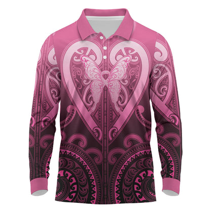 Aotearoa Breast Cancer Long Sleeve Polo Shirt Maori Tribal Pattern