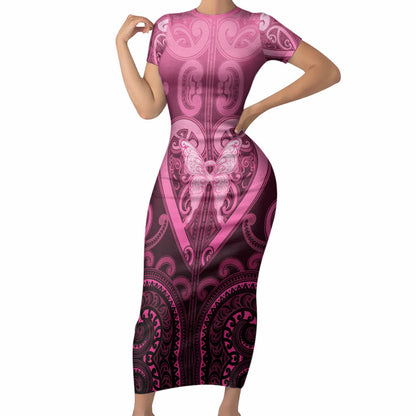 Aotearoa Breast Cancer Short Sleeve Bodycon Dress Maori Tribal Pattern