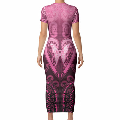 Aotearoa Breast Cancer Short Sleeve Bodycon Dress Maori Tribal Pattern