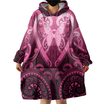 Aotearoa Breast Cancer Wearable Blanket Hoodie Maori Tribal Pattern