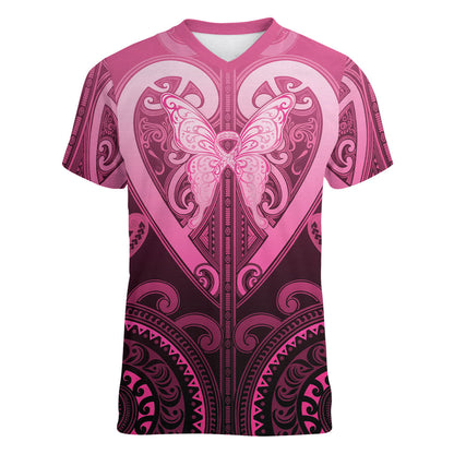 Aotearoa Breast Cancer Women V-Neck T-Shirt Maori Tribal Pattern