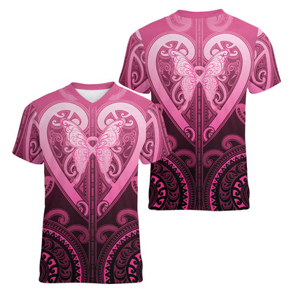 Aotearoa Breast Cancer Women V-Neck T-Shirt Maori Tribal Pattern