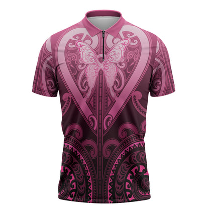 Aotearoa Breast Cancer Zipper Polo Shirt Maori Tribal Pattern