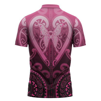 Aotearoa Breast Cancer Zipper Polo Shirt Maori Tribal Pattern