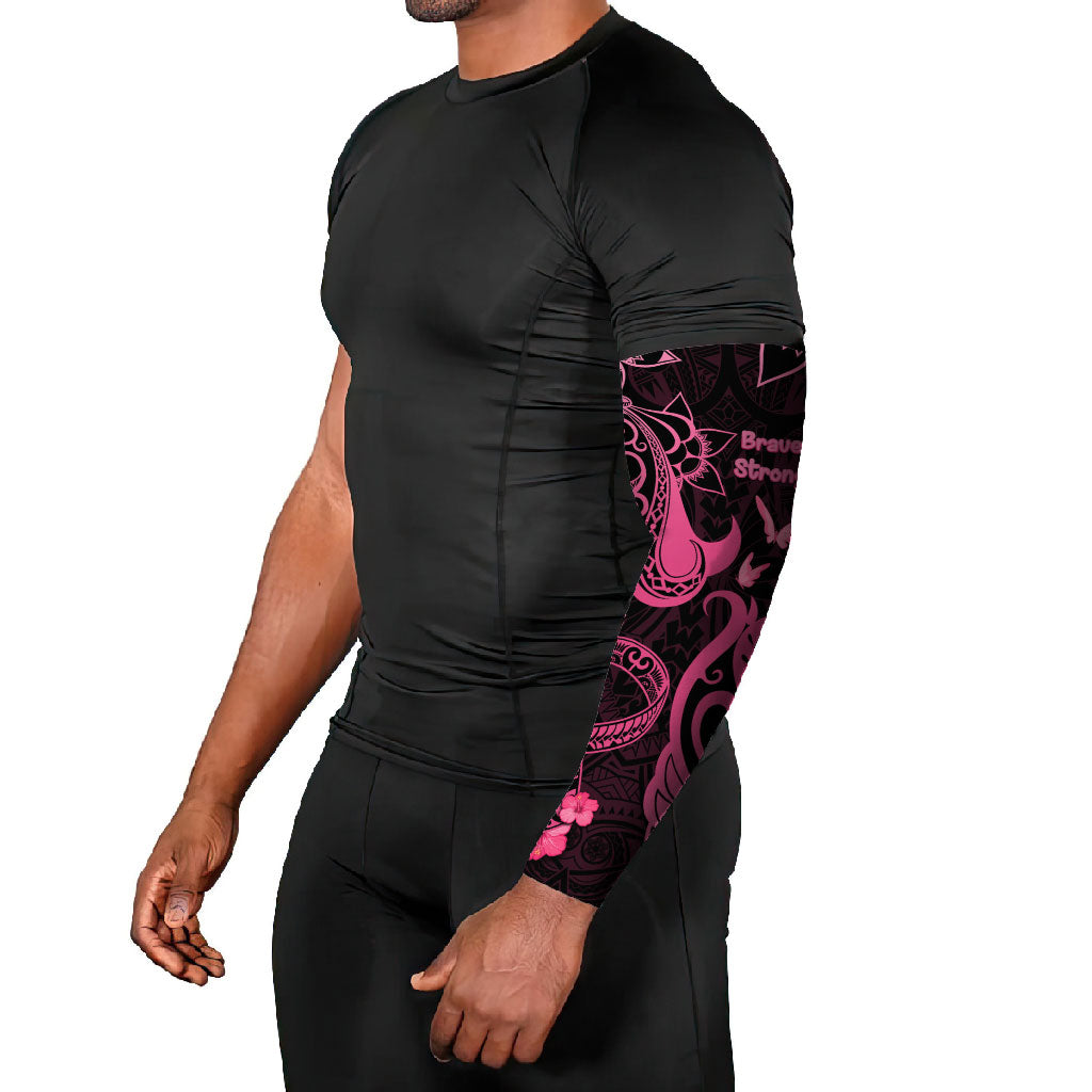 Breast Cancer Arm Sleeves Ribbon Polynesian Pattern Black Version