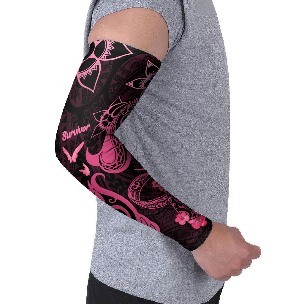 Breast Cancer Arm Sleeves Ribbon Polynesian Pattern Black Version