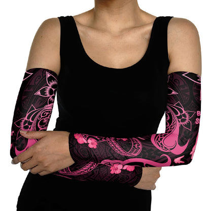 Breast Cancer Arm Sleeves Ribbon Polynesian Pattern Black Version
