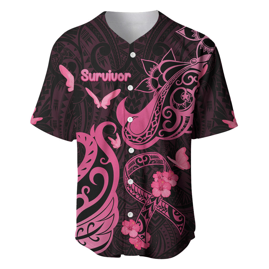 Breast Cancer Baseball Jersey Ribbon Polynesian Pattern Black Version