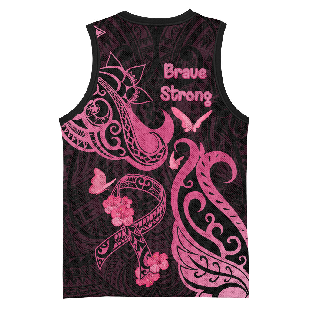 Breast Cancer Basketball Jersey Ribbon Polynesian Pattern Black Version