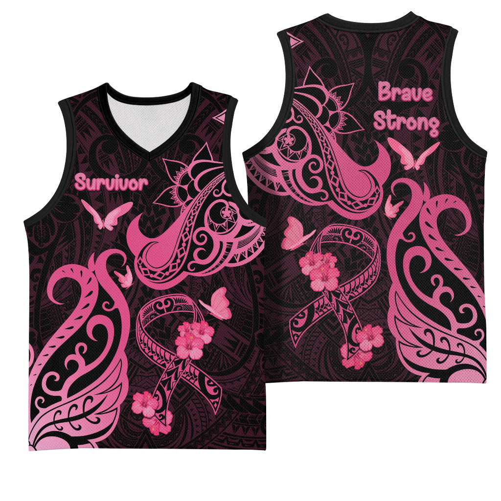 Breast Cancer Basketball Jersey Ribbon Polynesian Pattern Black Version
