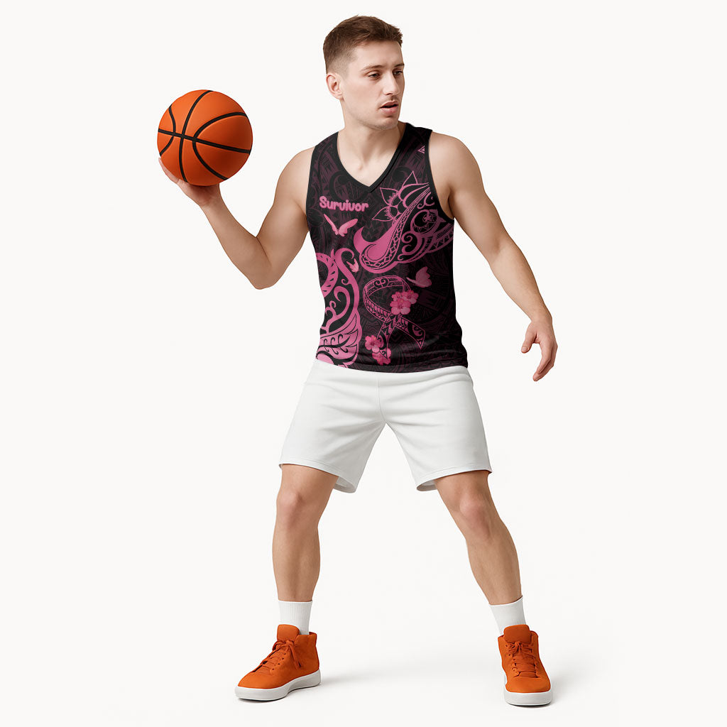 Breast Cancer Basketball Jersey Ribbon Polynesian Pattern Black Version