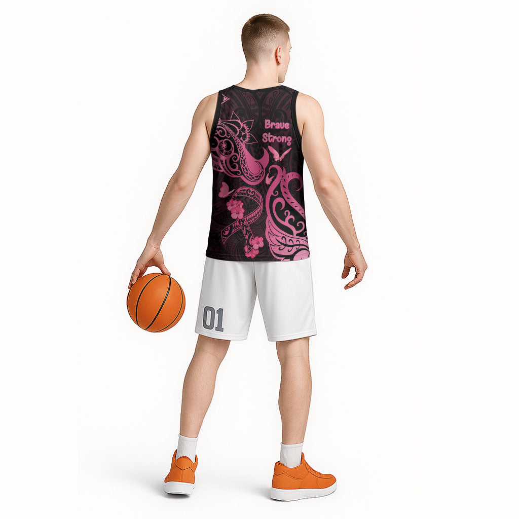 Breast Cancer Basketball Jersey Ribbon Polynesian Pattern Black Version