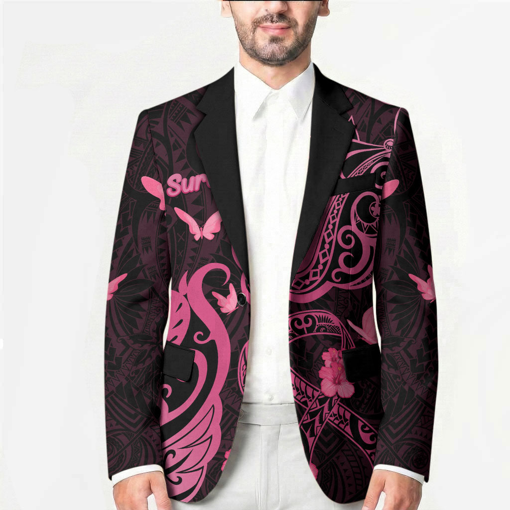 Breast Cancer Blazer Ribbon Polynesian Pattern Black Version