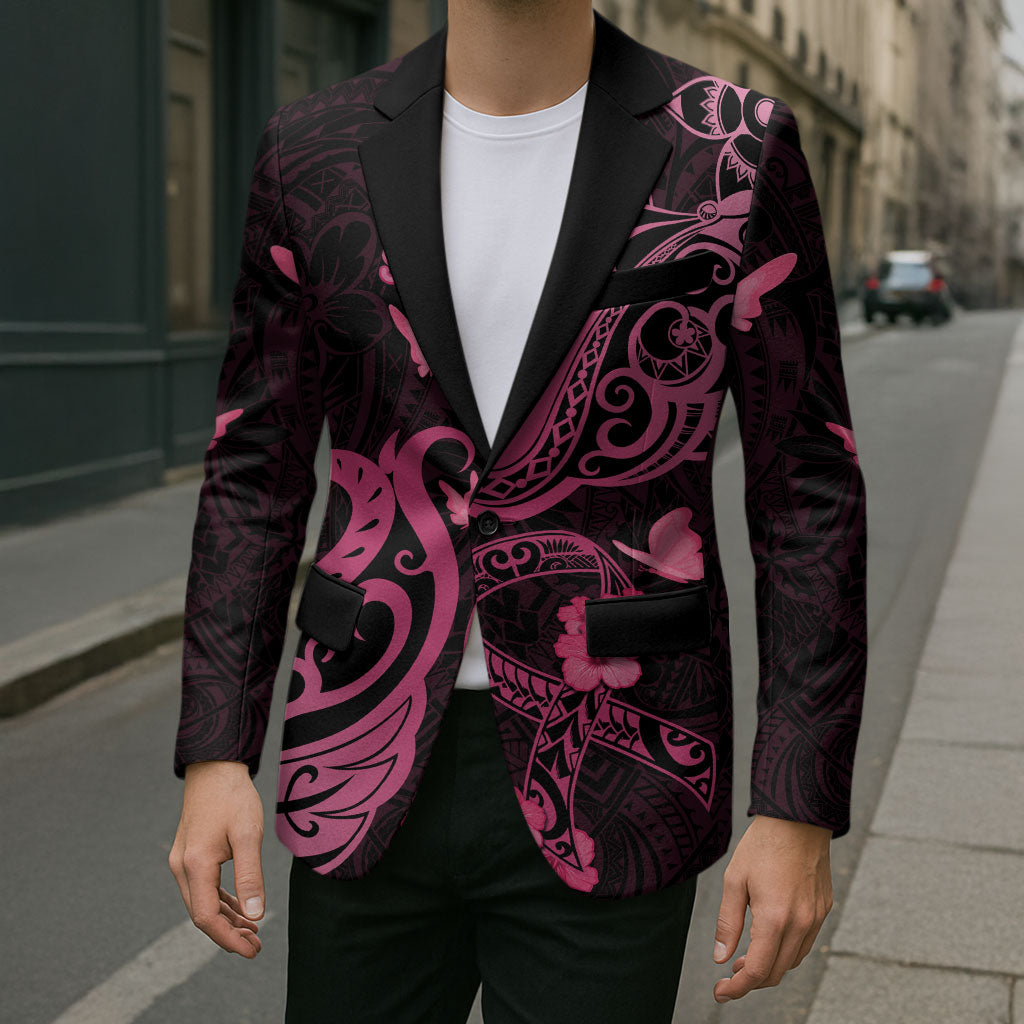 Breast Cancer Blazer Ribbon Polynesian Pattern Black Version