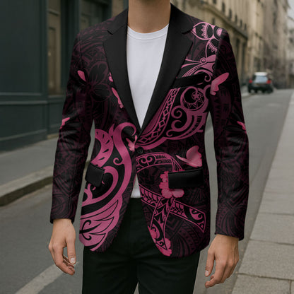 Breast Cancer Blazer Ribbon Polynesian Pattern Black Version