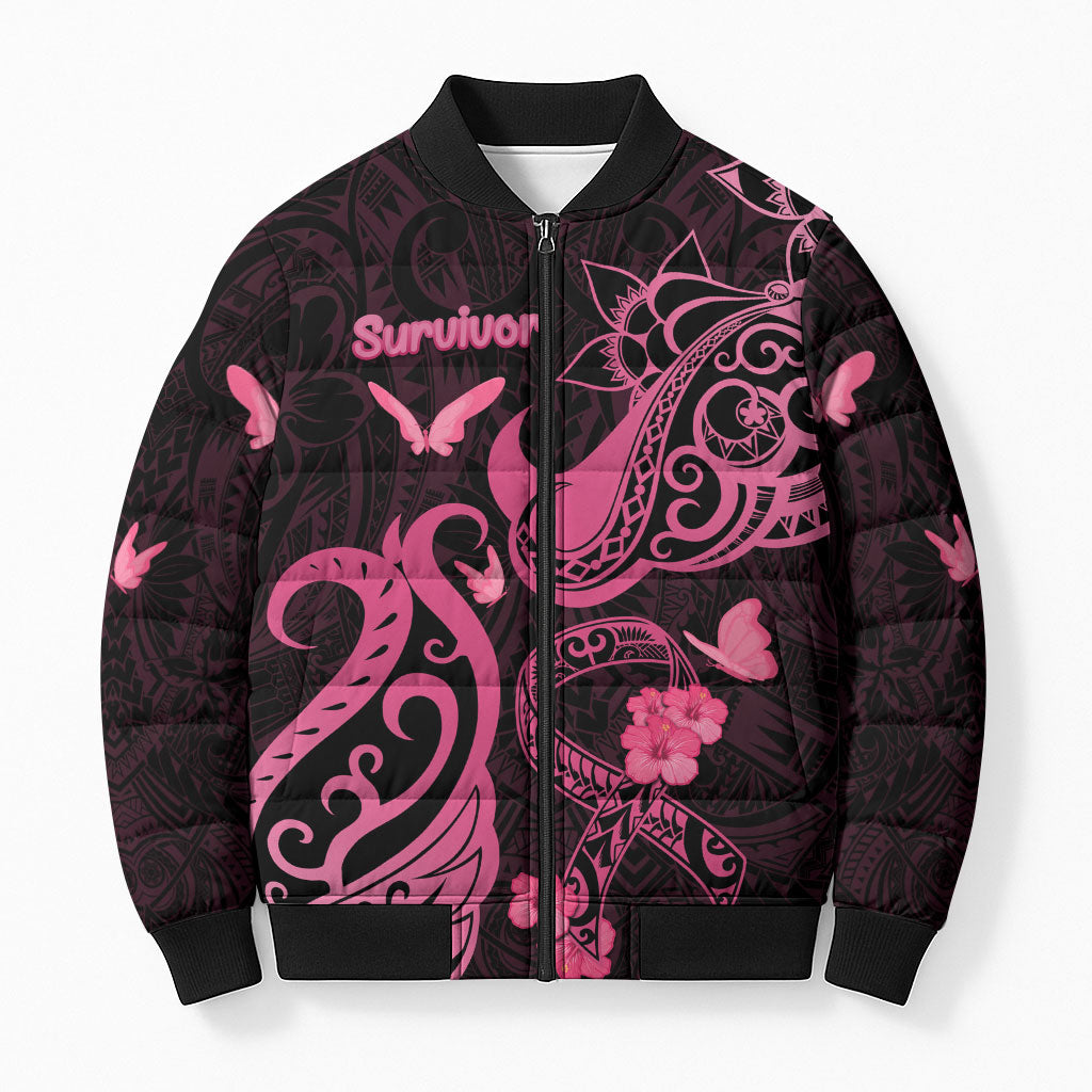 Breast Cancer Bomber Puffer Jacket Ribbon Polynesian Pattern Black Version
