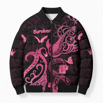 Breast Cancer Bomber Puffer Jacket Ribbon Polynesian Pattern Black Version