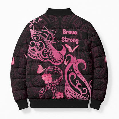 Breast Cancer Bomber Puffer Jacket Ribbon Polynesian Pattern Black Version