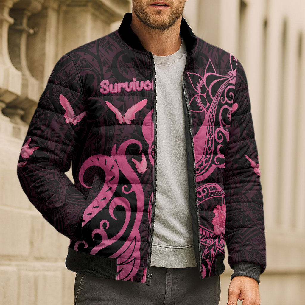 Breast Cancer Bomber Puffer Jacket Ribbon Polynesian Pattern Black Version