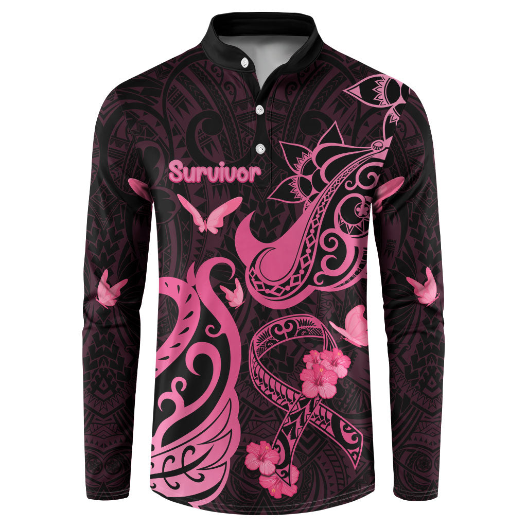 Breast Cancer Button Sweatshirt Ribbon Polynesian Pattern Black Version