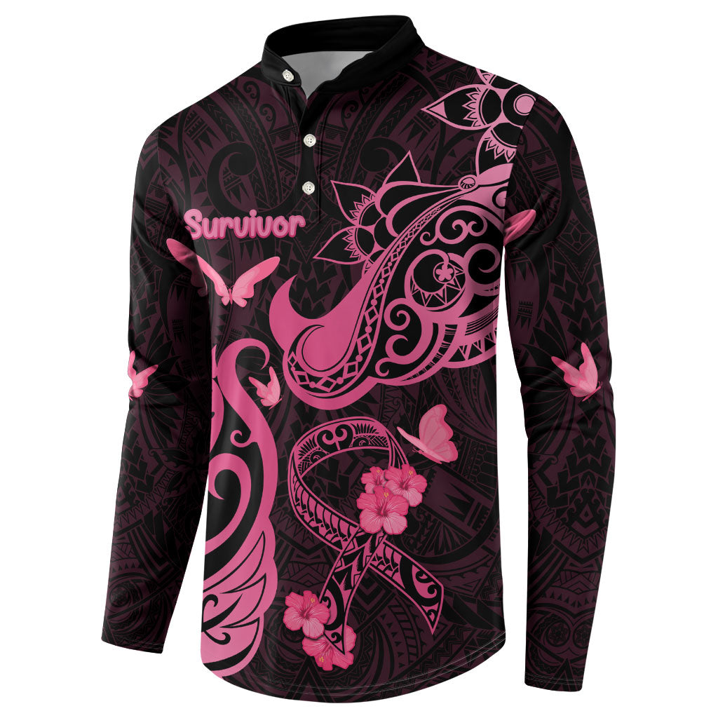 Breast Cancer Button Sweatshirt Ribbon Polynesian Pattern Black Version