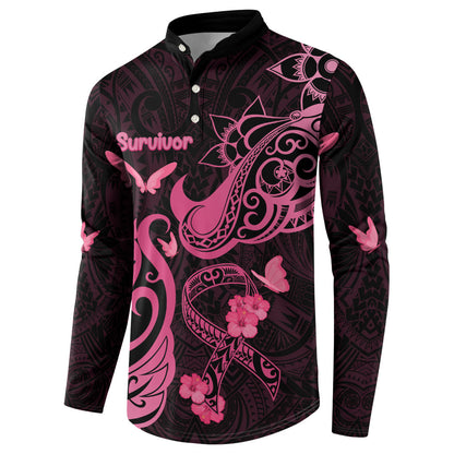 Breast Cancer Button Sweatshirt Ribbon Polynesian Pattern Black Version