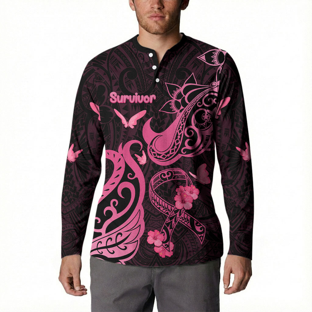 Breast Cancer Button Sweatshirt Ribbon Polynesian Pattern Black Version