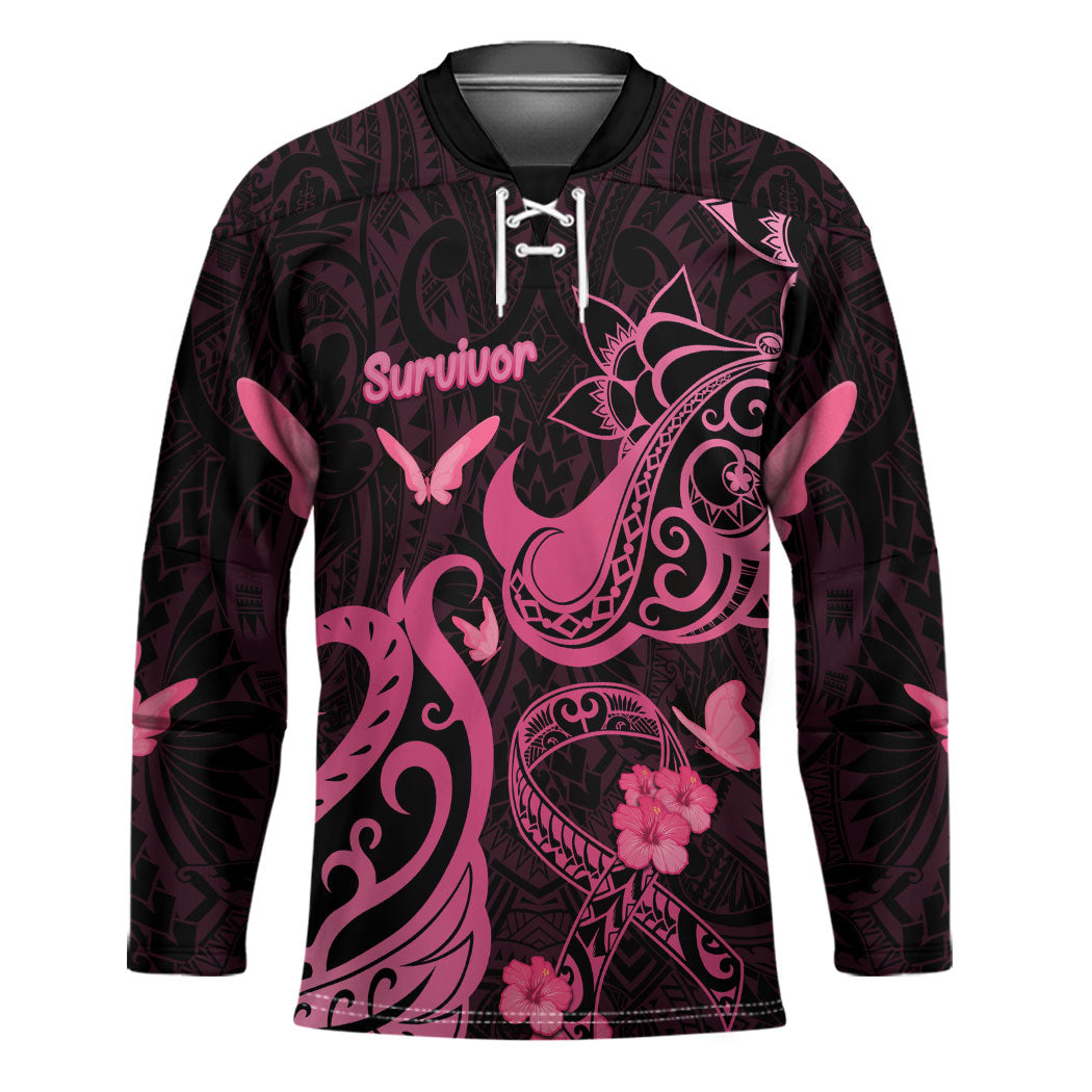Breast Cancer Hockey Jersey Ribbon Polynesian Pattern Black Version